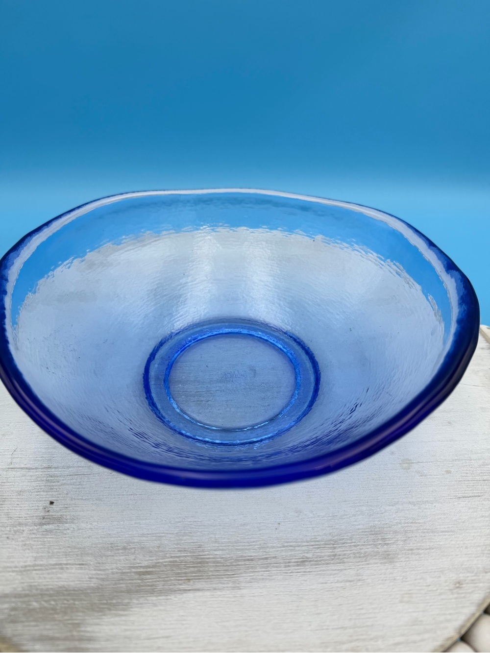 John Gilmor Recycled Art Glass Serving Bowl Blue Signed 7 5/8"